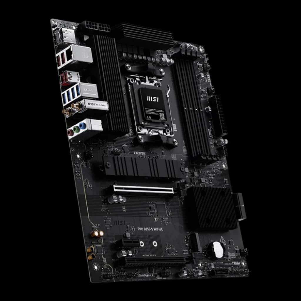 MSI PRO B850-S WiFi 6E noir, vue latérale gauche: panneau arrière avec ports USB, audio et carte WiFi visibles
