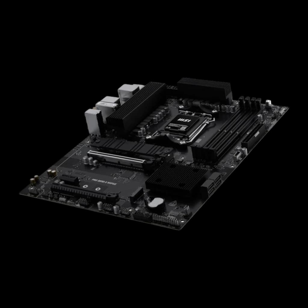 MSI PRO B850-S WiFi 6E noir, perspective supérieure en angle bas: carte complète avec slots PCIe et connecteurs SATA
