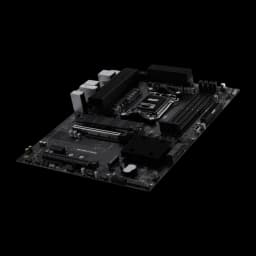 MSI PRO B850-S WiFi 6E noir, perspective supérieure en angle bas: carte complète avec slots PCIe et connecteurs SATA