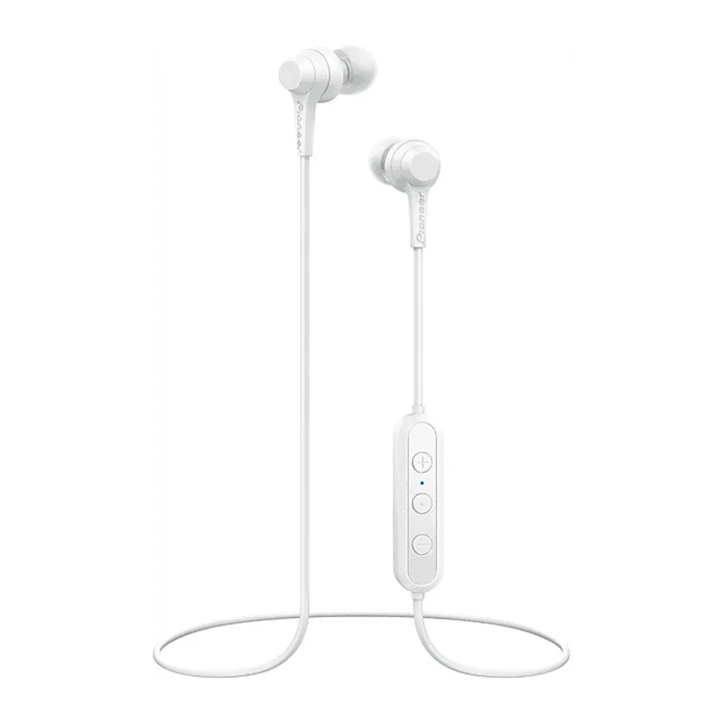 Pioneer auricular bluetooth in-ear branco, vista frontal: dois earbuds com cabo e controlo em linha com três botões - Item1