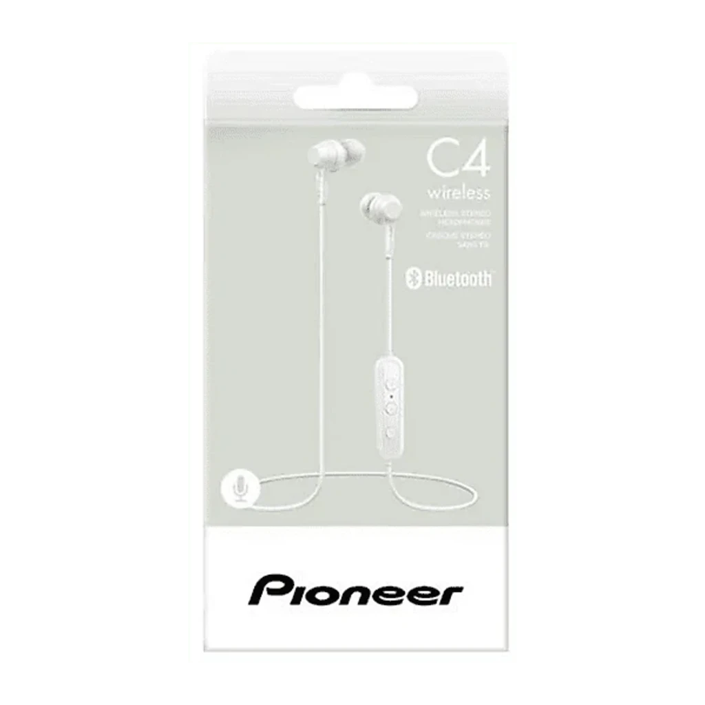 Pioneer auricular bluetooth in-ear branco, vista frontal: dois earbuds com cabo e controlo em linha com três botões - Item2