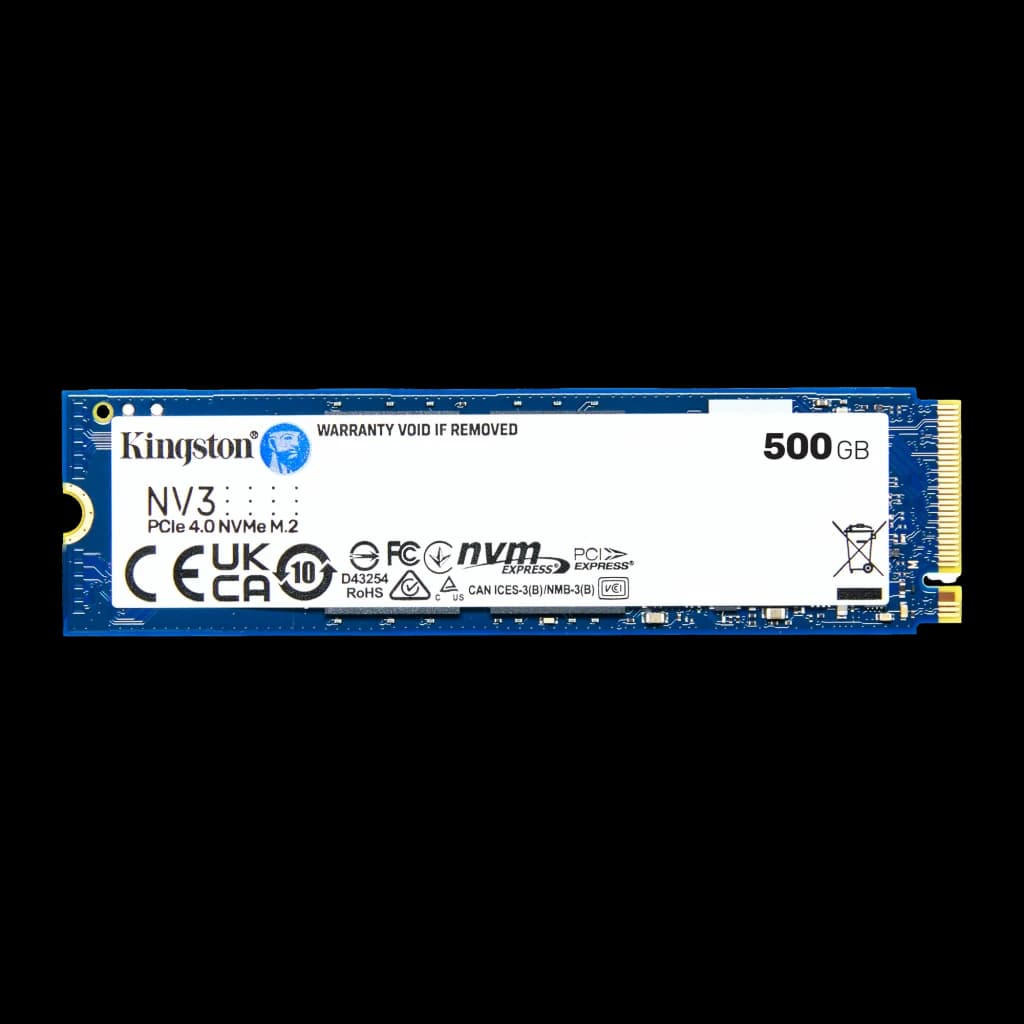 Kingston NV3 500GB M.2 PCIe 4.0 NVMe, vista frontal: etiqueta branca, PCB azul e conector dourado M.2 2280