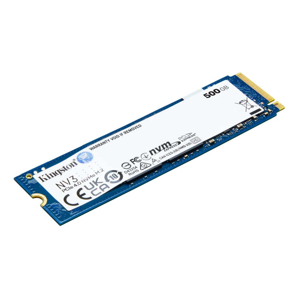 Kingston NV3 500GB M.2 PCIe 4.0 NVMe, vue de face: étiquette blanche, PCB bleu et connecteur doré M.2 2280 - Ítem2