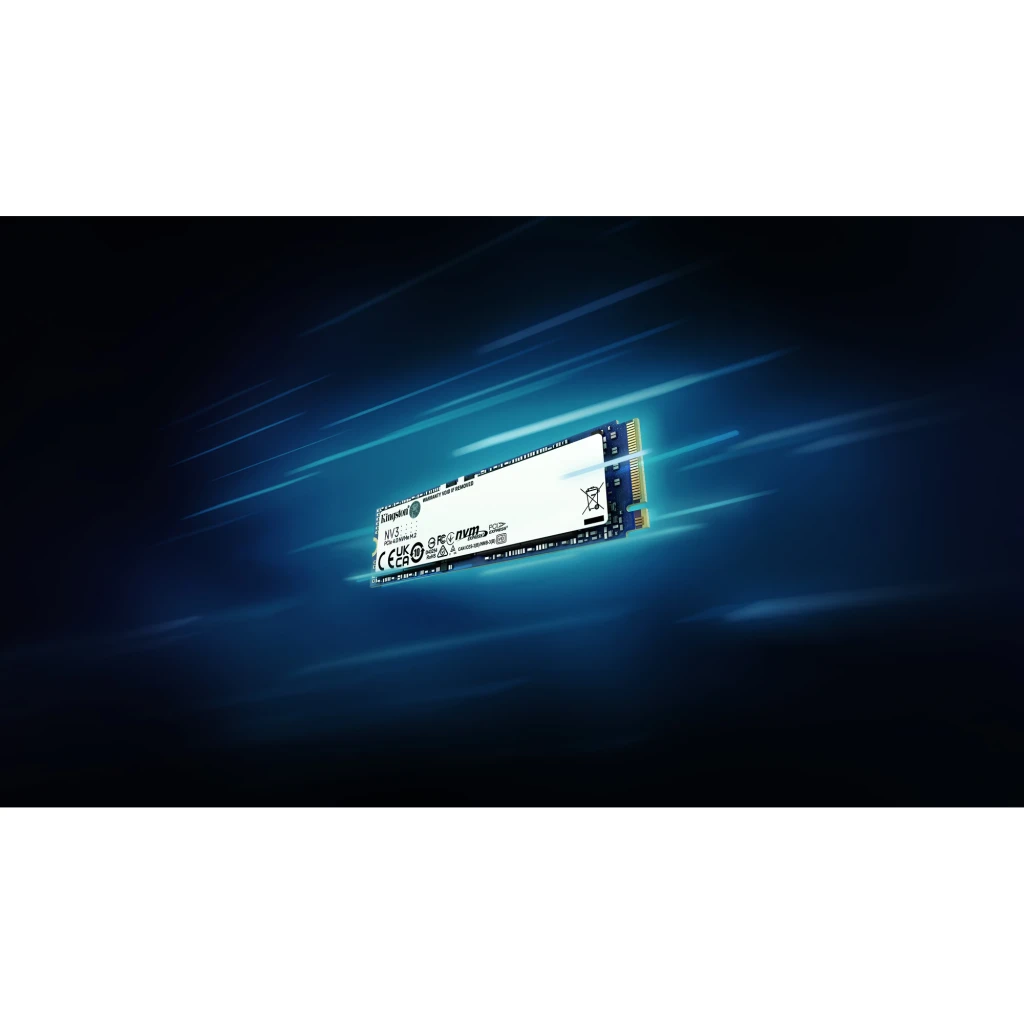 Kingston NV3 500GB M.2 PCIe 4.0 NVMe, vue de face: étiquette blanche, PCB bleu et connecteur doré M.2 2280 - Ítem4
