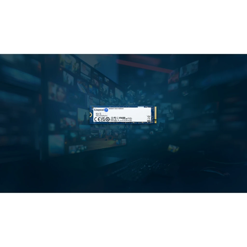 Kingston NV3 500GB M.2 PCIe 4.0 NVMe, vue de face: étiquette blanche, PCB bleu et connecteur doré M.2 2280 - Ítem5