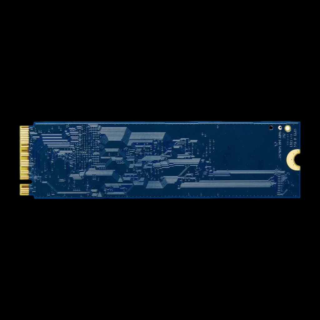Kingston SSD NV3 500GB M.2 azul, vista frontal: PCB azul com traçado de circuitos e conector dourado M.2