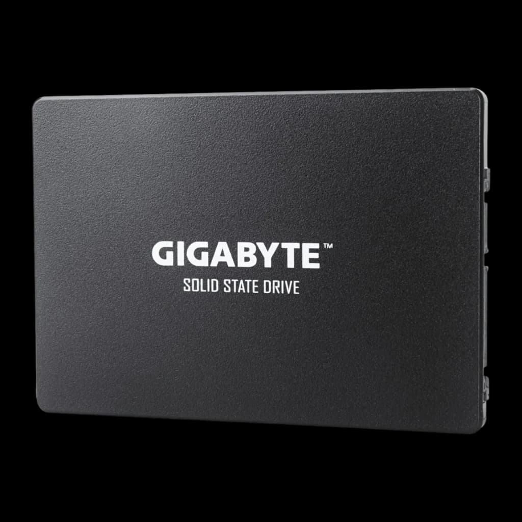 Gigabyte SSD GP-GSTFS31256GTND 256GB preto, vista frontal: carcaça texturizada com logo GIGABYTE centralizado e lateral