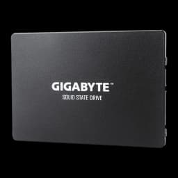 Gigabyte SSD GP-GSTFS31256GTND 256GB preto, vista frontal: carcaça texturizada com logo GIGABYTE centralizado e lateral