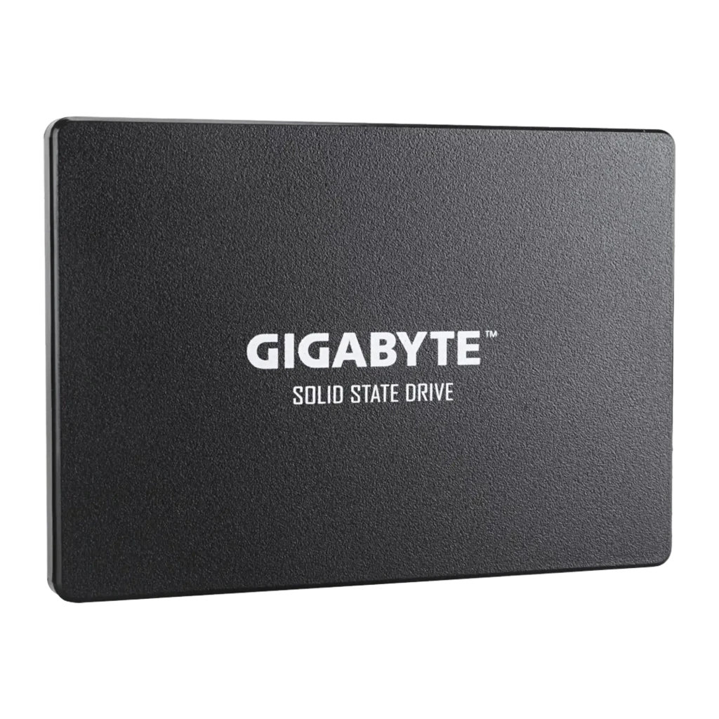 Gigabyte SSD GP-GSTFS31256GTND 256GB noir, vue avant: boîtier texturé avec logo GIGABYTE centré et côté droit visible - Ítem1