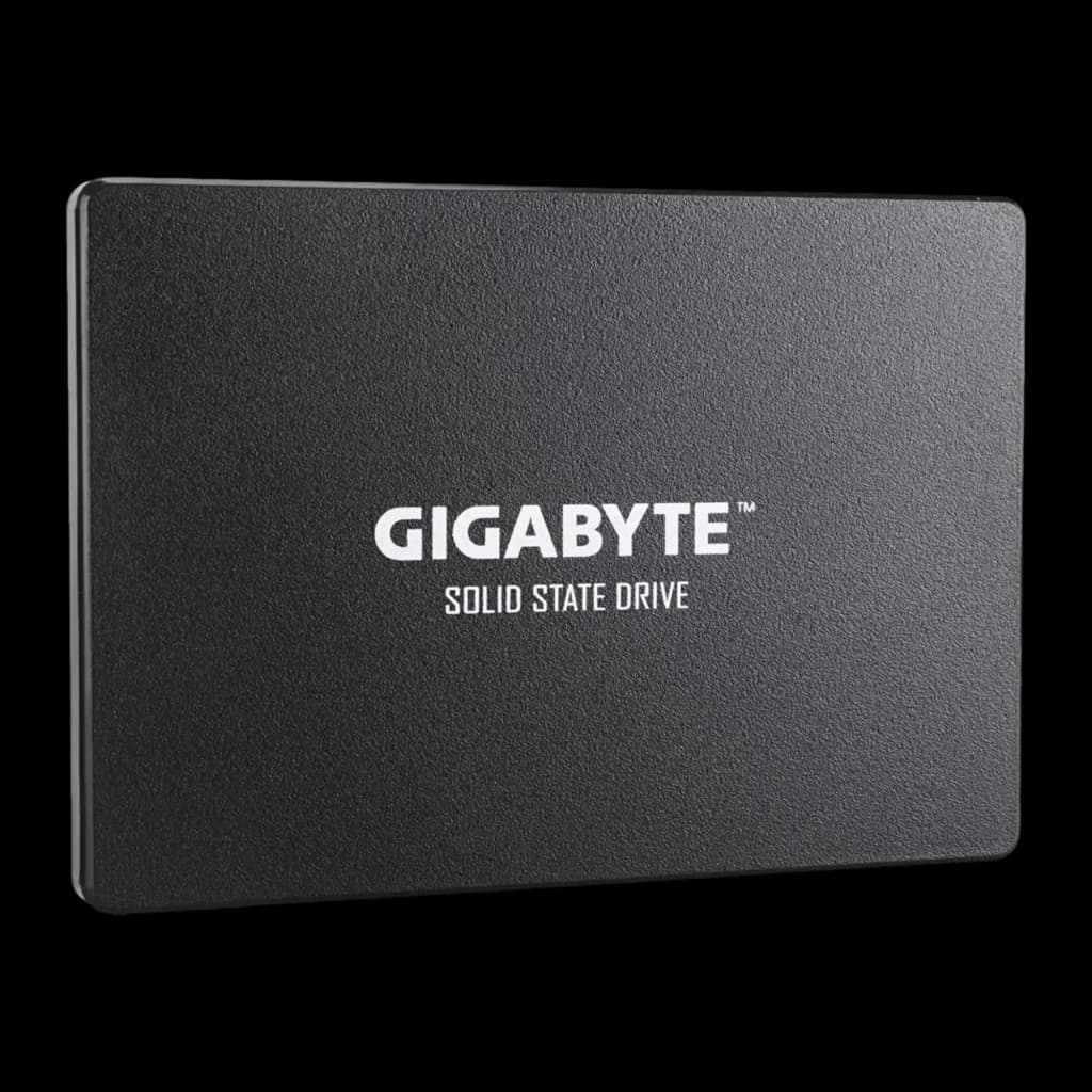 Gigabyte SSD GP-GSTFS31256GTND 256GB preto, vista frontal levemente inclinada: carcaça lisa com cantos arredondados e logo