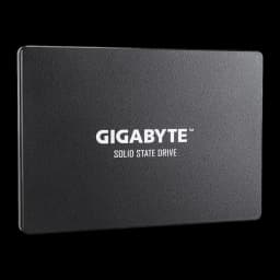 Gigabyte SSD GP-GSTFS31256GTND 256GB preto, vista frontal levemente inclinada: carcaça lisa com cantos arredondados e logo
