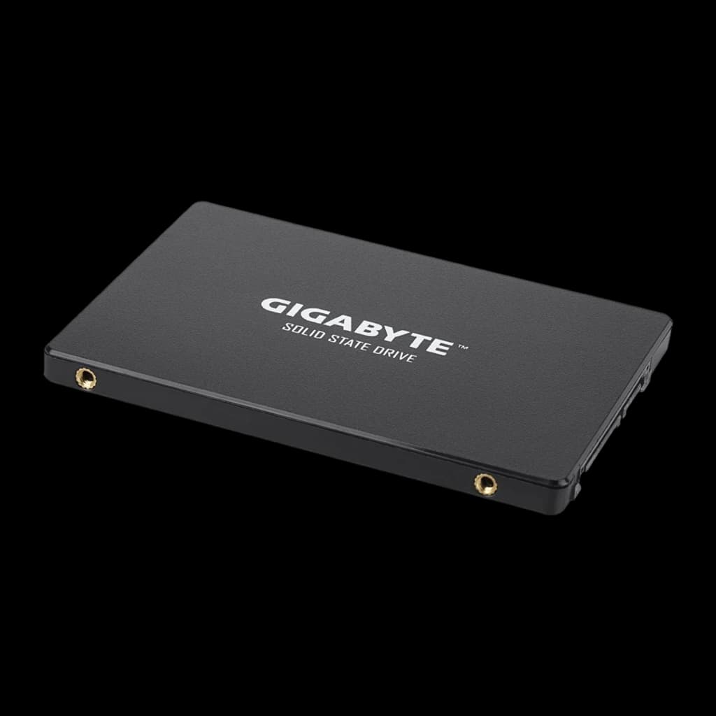 Gigabyte SSD GP-GSTFS31256GTND 256GB preto, vista em perspectiva: face superior com logo, lateral com conector SATA e