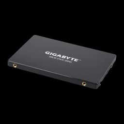 Gigabyte SSD GP-GSTFS31256GTND 256GB preto, vista em perspectiva: face superior com logo, lateral com conector SATA e