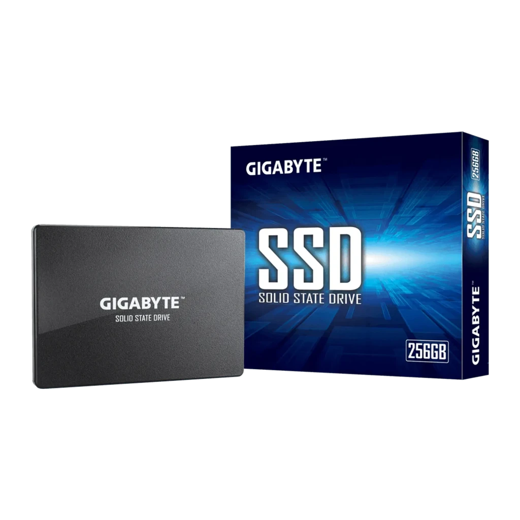 Gigabyte SSD GP-GSTFS31256GTND 256GB noir, vue avant: boîtier texturé avec logo GIGABYTE centré et côté droit visible - Ítem4