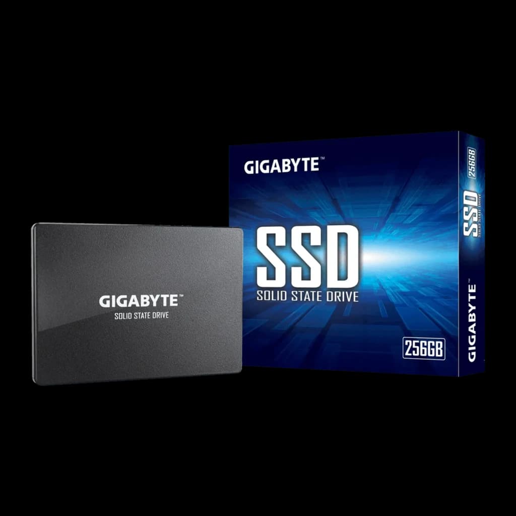 Gigabyte SSD GP-GSTFS31256GTND 2.5" 256GB preto, vista frontal com caixa: unidade preta e embalagem azul 256GB