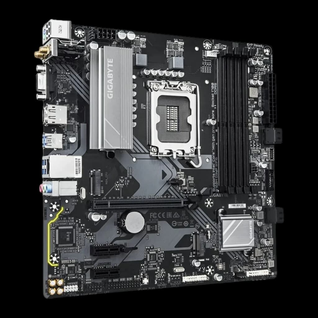 Gigabyte B760M D3HP WiFi6, vista en perspectiva: placa base mATX en ángulo mostrando antena WiFi y panel trasero de E/S