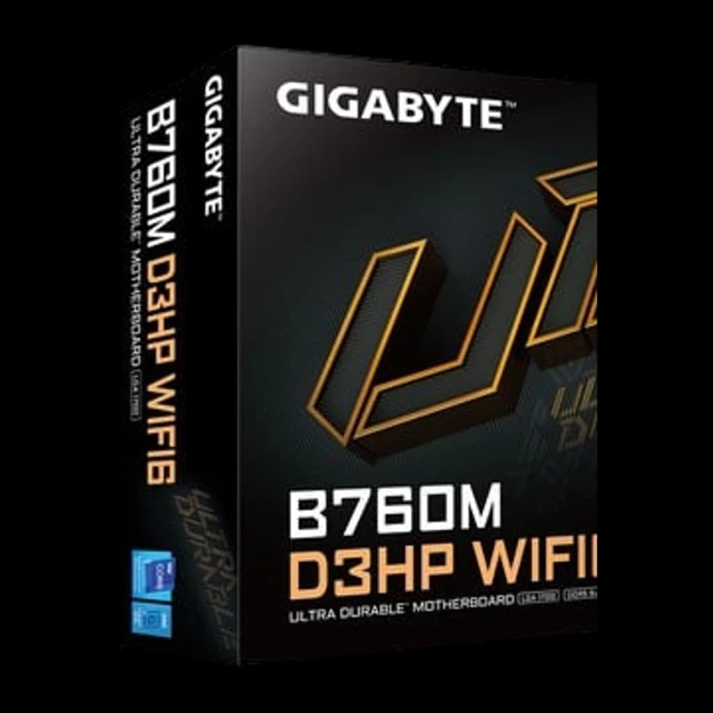 Gigabyte B760M D3HP WiFi6, caja del producto: packaging negro y dorado con logo Ultra Durable en vista en perspectiva