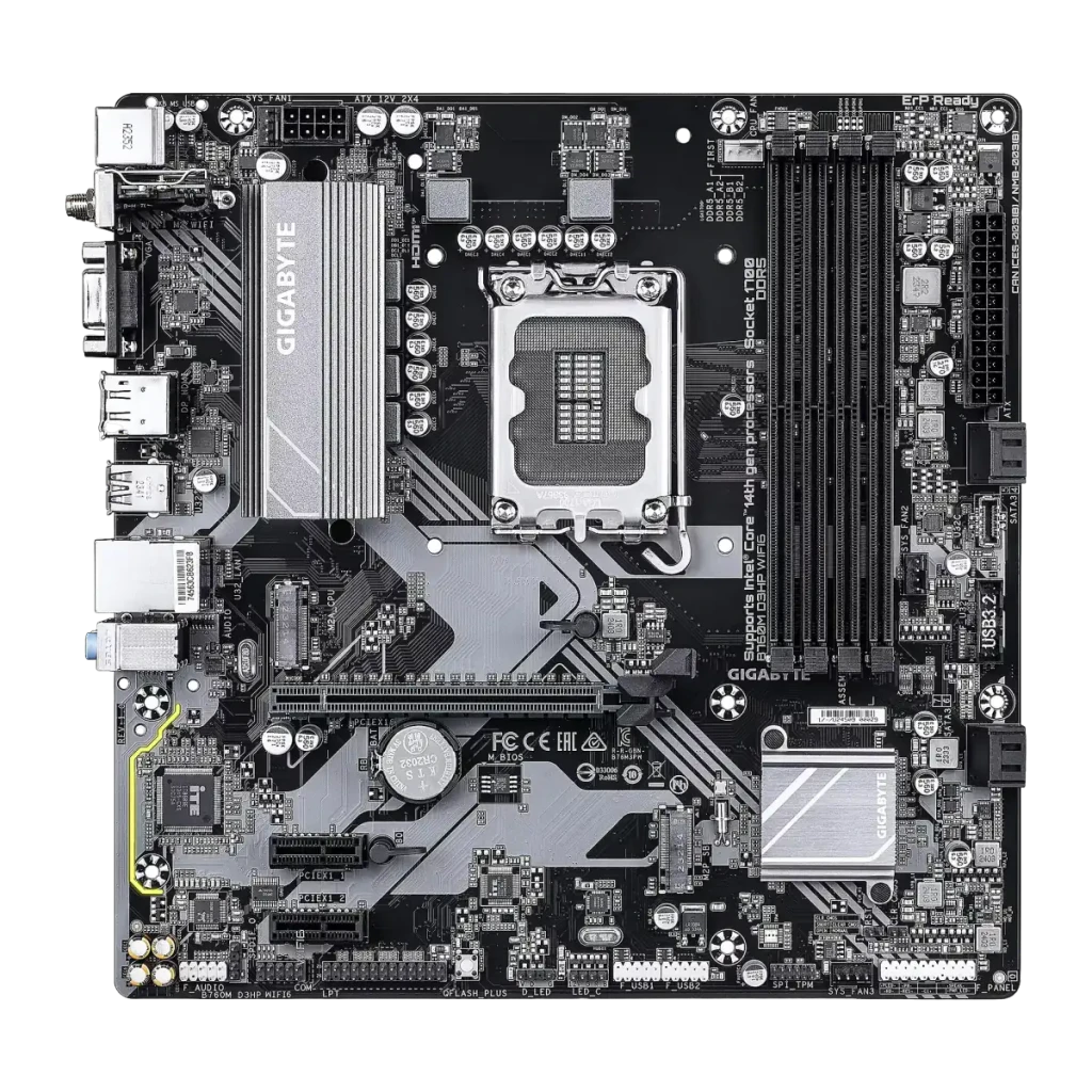 Gigabyte B760M D3HP WiFi6, placa-mãe e caixa: vista frontal mATX com socket LGA1700, dissipadores e slots DDR5 - Item1