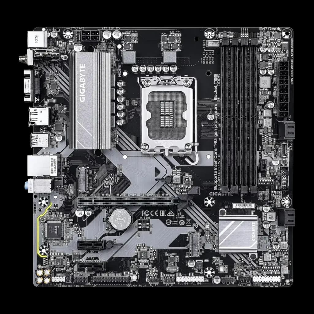Gigabyte B760M D3HP WiFi6, vista superior: placa base mATX con socket LGA1700, disipador VRM plateado y ranuras DDR5