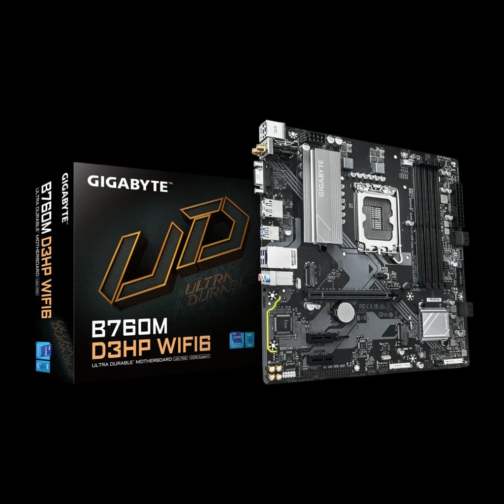 Gigabyte B760M D3HP WiFi6, placa base y caja: vista frontal mATX con socket LGA1700, disipadores y ranuras DDR5