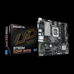 Gigabyte B760M D3HP WiFi6, placa base y caja: vista frontal mATX con socket LGA1700, disipadores y ranuras DDR5