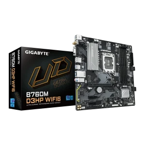 Gigabyte B760M D3HP WiFi6, placa-mãe e caixa: vista frontal mATX com socket LGA1700, dissipadores e slots DDR5