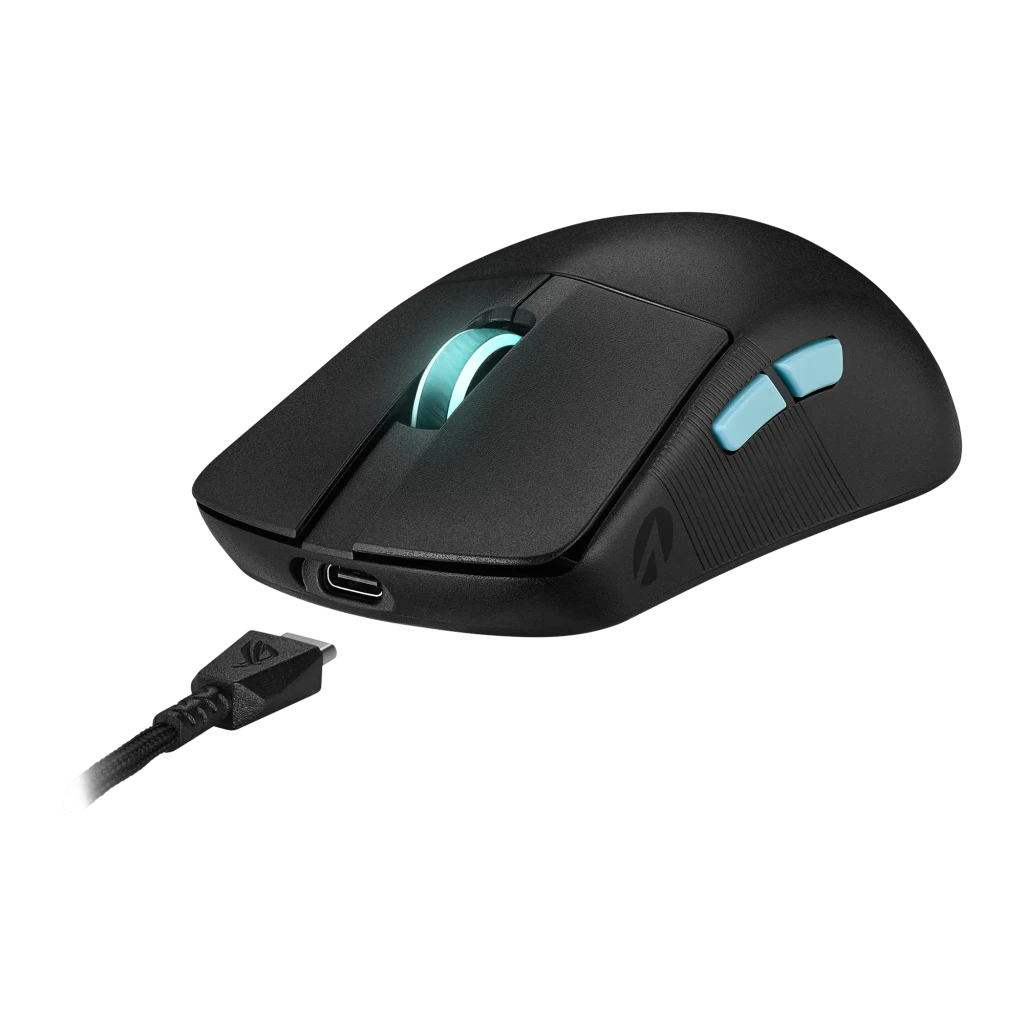 ASUS ROG Harpe Ace Aim Lab Edition preto, vista superior: roda iluminada turquesa, botões laterais turquesa e logótipo ROG - Item3