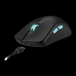 ASUS ROG Harpe Ace Aim Lab Edition noir, vue latérale gauche: port USB-C avant visible et câble tressé déconnecté