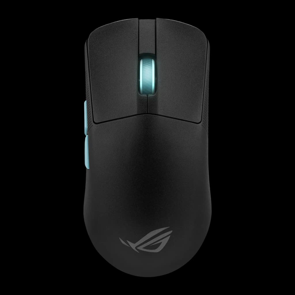 ASUS ROG Harpe Ace Aim Lab Edition noir, vue de dessus: molette éclairée turquoise, boutons latéraux turquoise et logo ROG