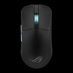 ASUS ROG Harpe Ace Aim Lab Edition noir, vue de dessus: molette éclairée turquoise, boutons latéraux turquoise et logo ROG