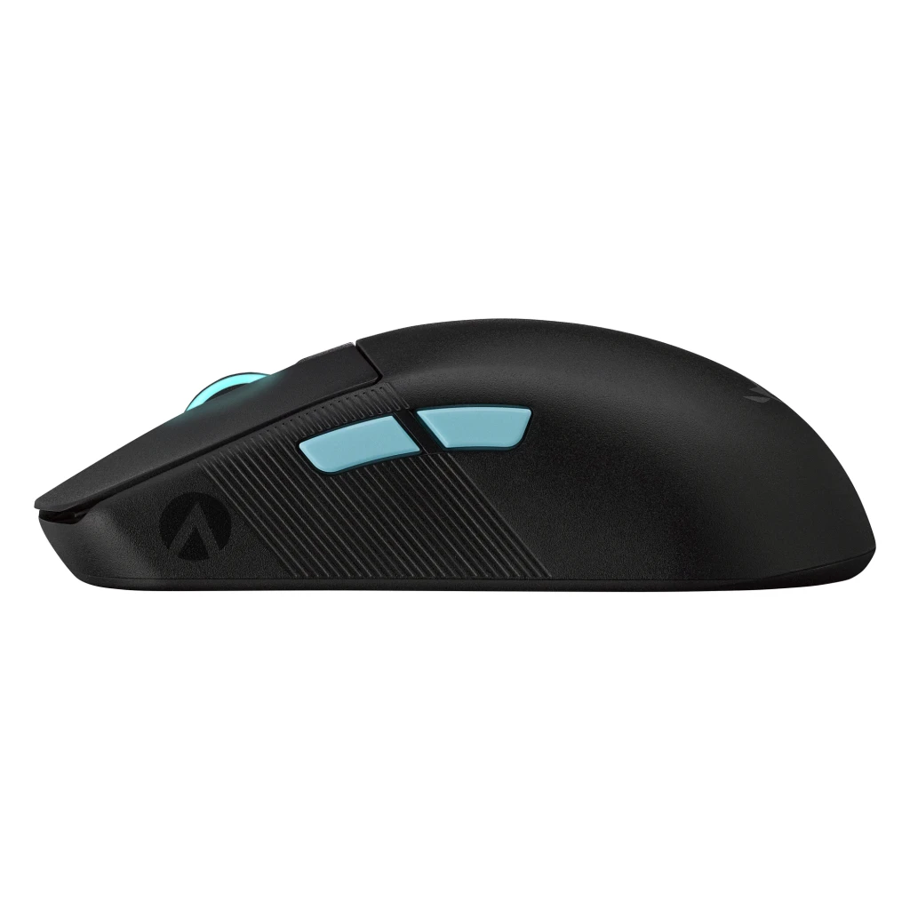 ASUS ROG Harpe Ace Aim Lab Edition preto, vista superior: roda iluminada turquesa, botões laterais turquesa e logótipo ROG - Item4