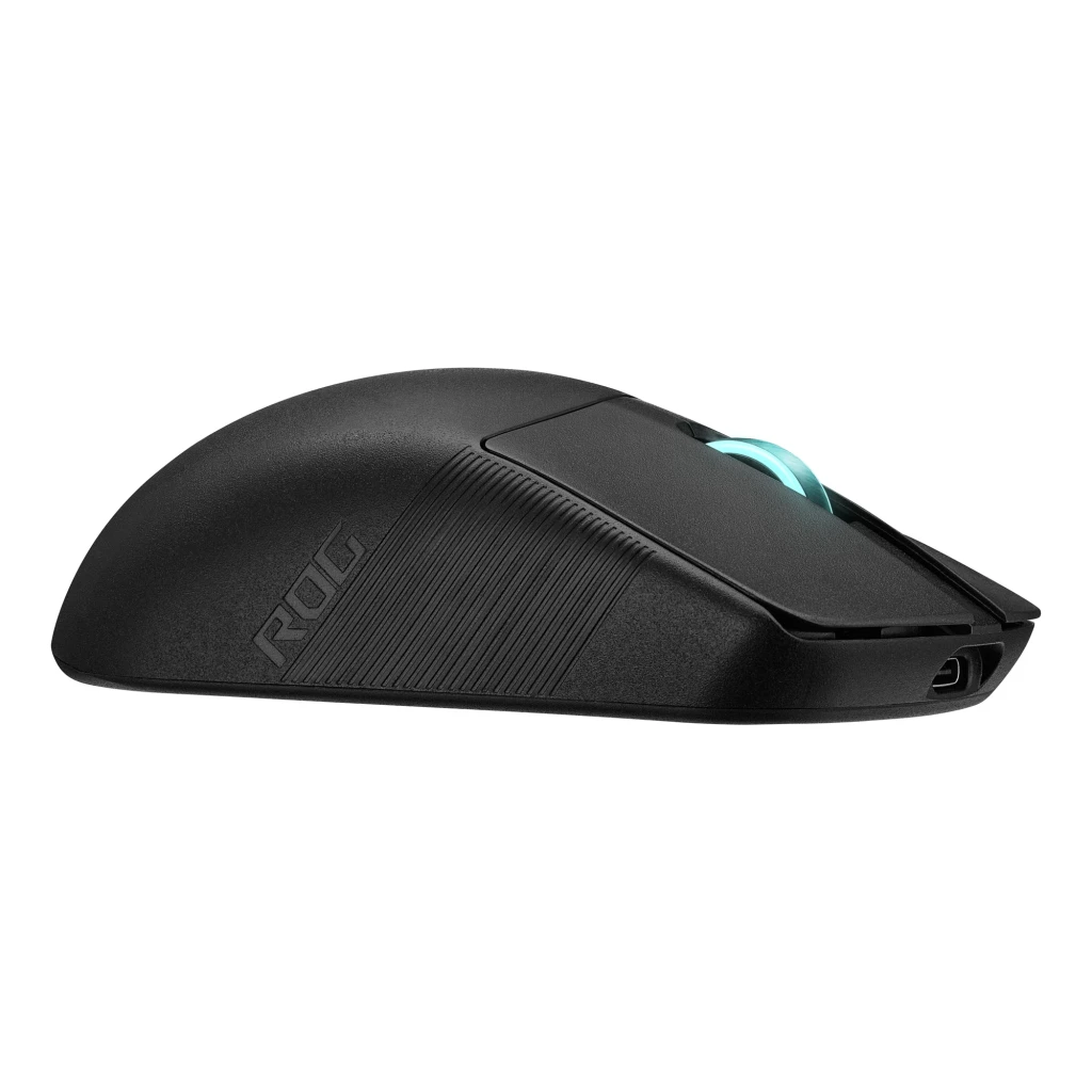 ASUS ROG Harpe Ace Aim Lab Edition preto, vista superior: roda iluminada turquesa, botões laterais turquesa e logótipo ROG - Item5