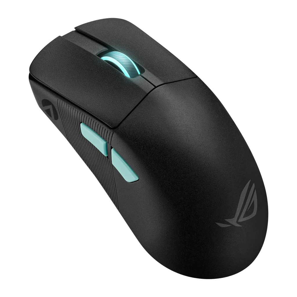 ASUS ROG Harpe Ace Aim Lab Edition preto, vista superior: roda iluminada turquesa, botões laterais turquesa e logótipo ROG - Item1