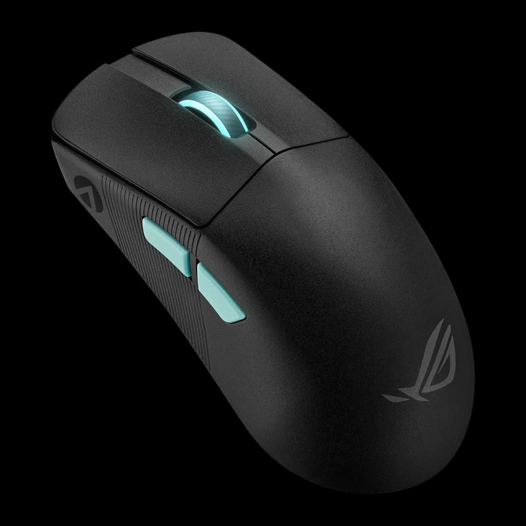 ASUS ROG Harpe Ace Aim Lab Edition noir, vue dessus: molette éclairée cyan, boutons latéraux turquoise et logo ROG
