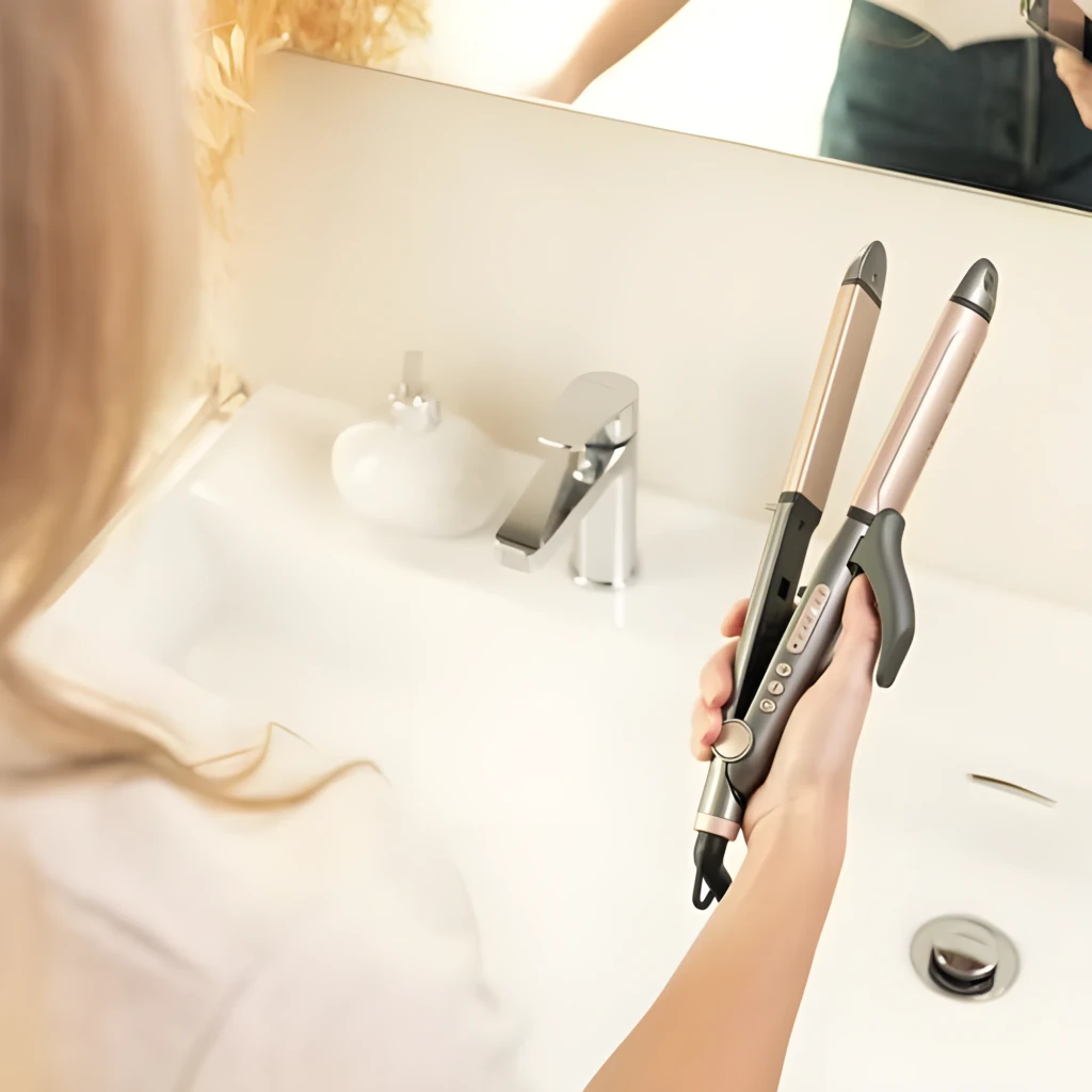 Cecotec Bamba RitualCare 1000 Ceramic 2in1 gris et rose, vue diagonale: lisseur ouvert avec plaques roses et manche gris - Ítem2