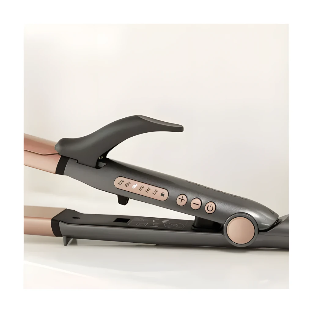 Cecotec Bamba RitualCare 1000 Ceramic 2in1 gris et rose, vue diagonale: lisseur ouvert avec plaques roses et manche gris - Ítem3