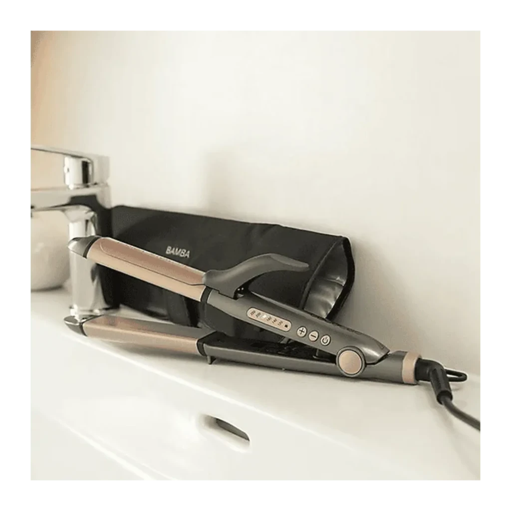 Cecotec Bamba RitualCare 1000 Ceramic 2in1 gris et rose, vue diagonale: lisseur ouvert avec plaques roses et manche gris - Ítem4