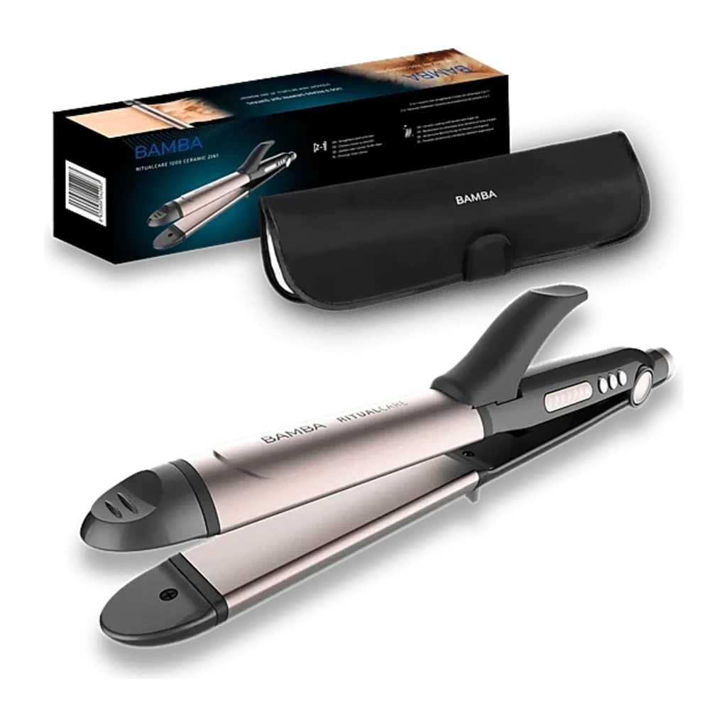 Cecotec Bamba RitualCare 1000 Ceramic 2in1 gris et rose, vue diagonale: lisseur ouvert avec plaques roses et manche gris - Ítem5