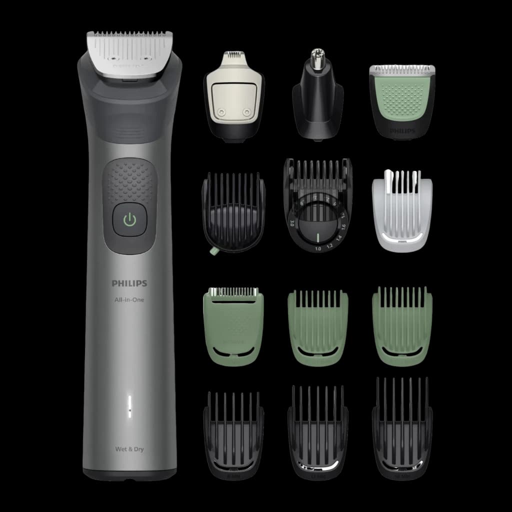 Philips Tondeuse All-in-One MG7921 Série 7000 Gris, vue accessoires: poignée et 12 têtes interchangeables sur fond noir