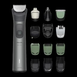 Philips Tondeuse All-in-One MG7921 Série 7000 Gris, vue accessoires: poignée et 12 têtes interchangeables sur fond noir