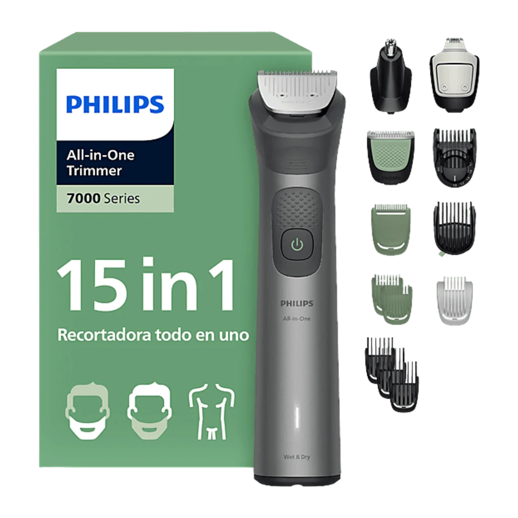 Philips Aparador All-in-One MG7921 Série 7000 Cinzento, vista acessórios: cabo e 12 cabeças intercambiáveis em fundo preto - Item2