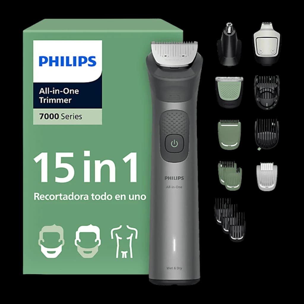 Philips Tondeuse All-in-One MG7921 Série 7000 Gris, pack: poignée grise avec boîte verte et 8 accessoires interchangeables