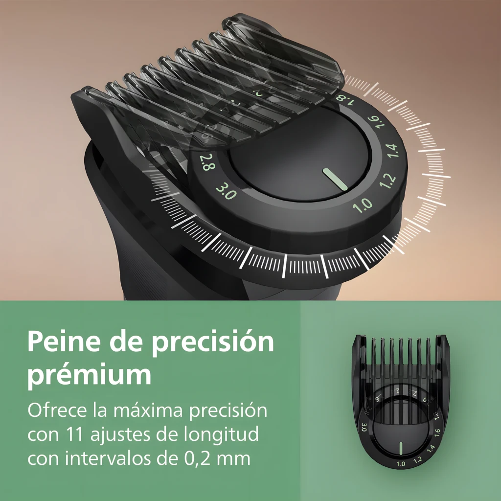 Philips Aparador All-in-One MG7921 Série 7000 Cinzento, vista acessórios: cabo e 12 cabeças intercambiáveis em fundo preto - Item4