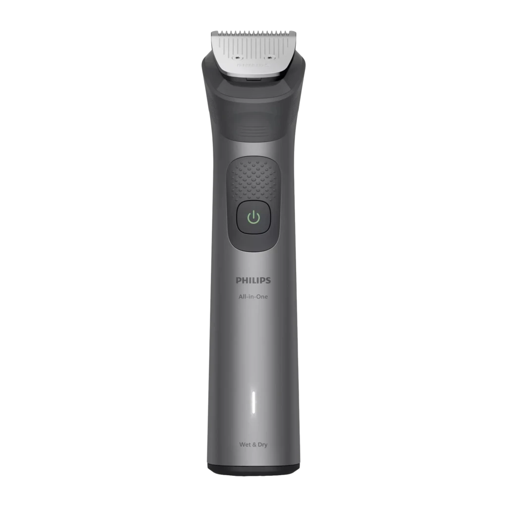 Philips Aparador All-in-One MG7921 Série 7000 Cinzento, vista acessórios: cabo e 12 cabeças intercambiáveis em fundo preto - Item1