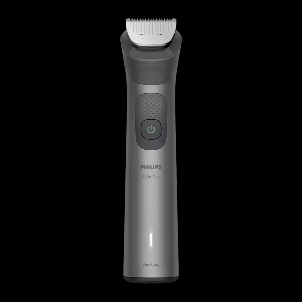 Philips Tondeuse All-in-One MG7921 Série 7000 Grise, vue de face: corps gris avec bouton marche, peigne guide blanc et texte