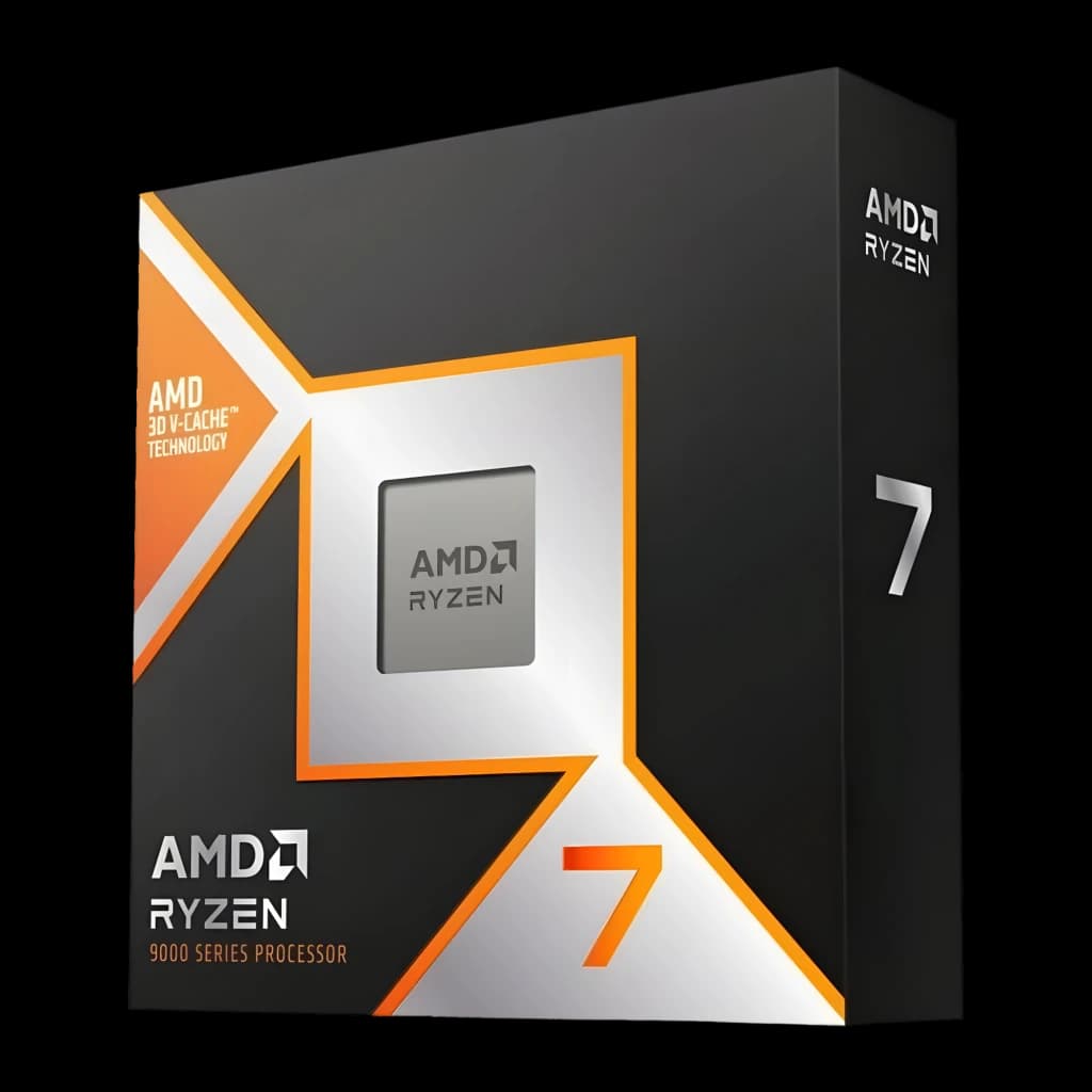 AMD Ryzen 7 9800X3D AM5 192GB, boîte en angle: design noir et orange avec logo Ryzen et puce centrale