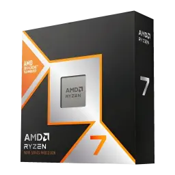 AMD Ryzen 7 9800X3D AM5 192GB, boîte en angle: design noir et orange avec logo Ryzen et puce centrale