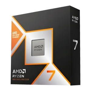 AMD Ryzen 7 9800X3D AM5 192GB, caixa em ângulo: design preto e laranja com logo Ryzen e chip central