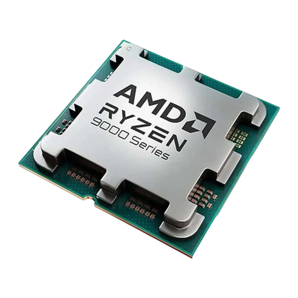 AMD Ryzen 7 9800X3D AM5 192GB, caixa em ângulo: design preto e laranja com logo Ryzen e chip central - Item3