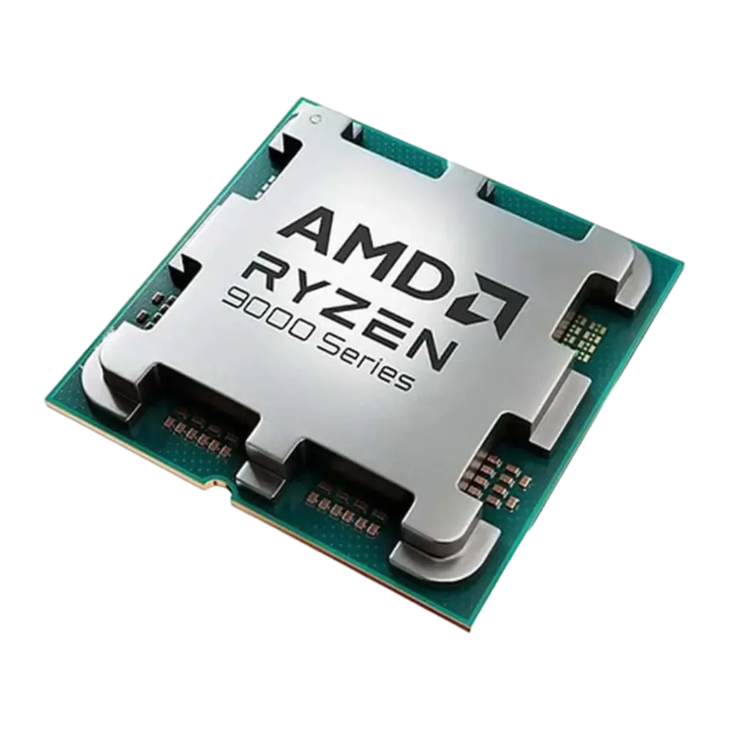 AMD Ryzen 7 9800X3D AM5 Tray 192GB, vue en perspective: angle 3/4 montrant IHS argenté, PCB vert et côtés du processeur